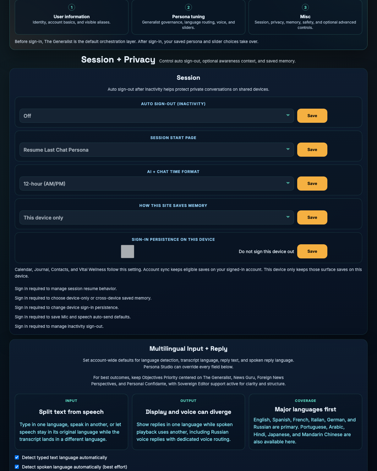 Aeliana settings showing saved-memory and privacy controls